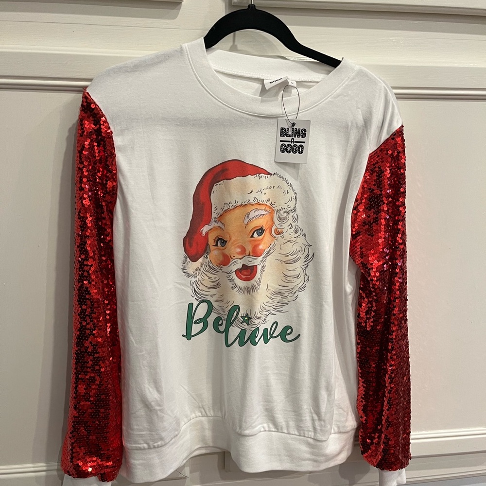 Size Large Santa Claus long sleeved shirt with red sequin sleeves